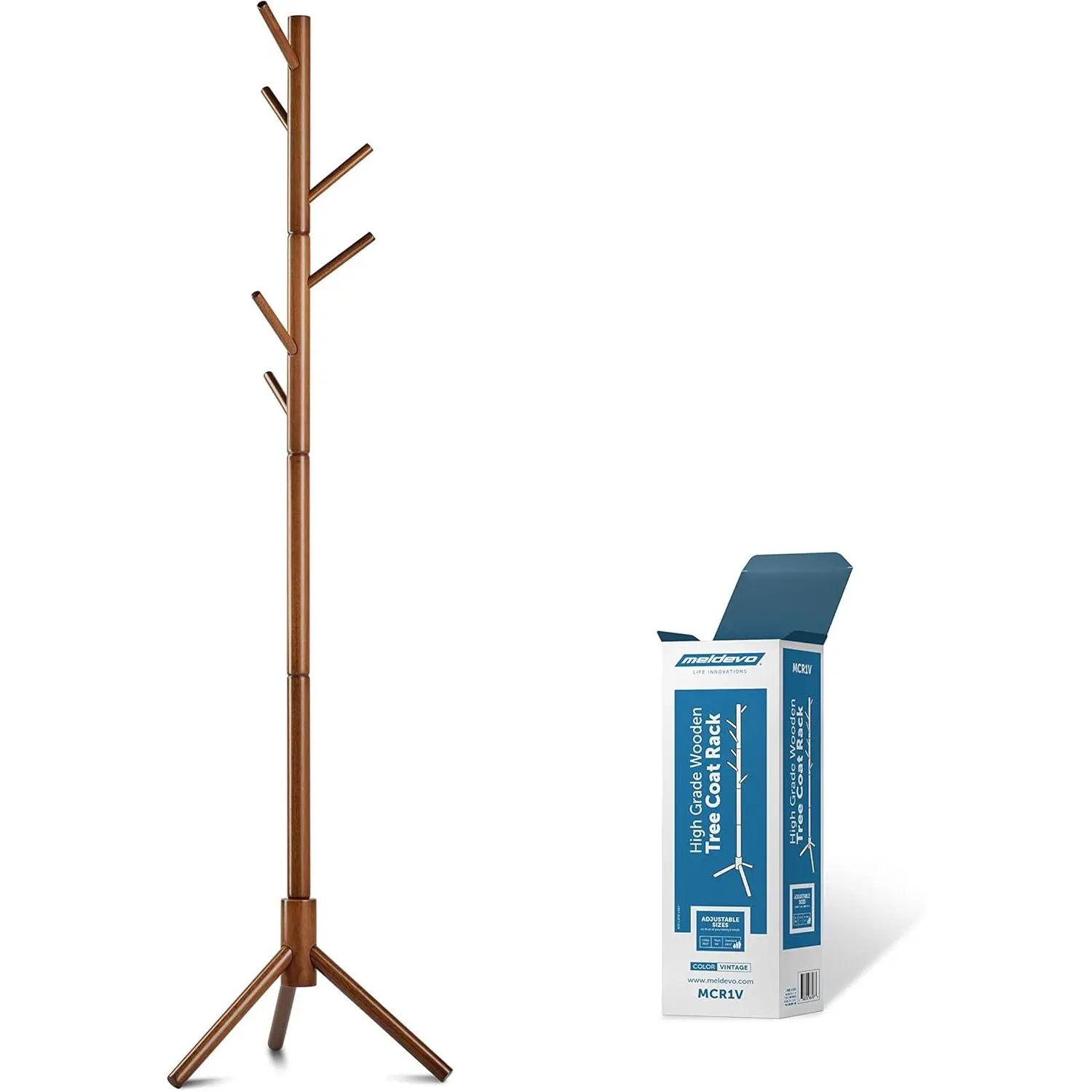 Wooden Tree Coat Rack Stand, 6 Hooks - 3 Adjustable Sizes Free Standing Coat Rack, Hallway/Entryway Coat Hanger Stand for Clothes, Suits, Accessories