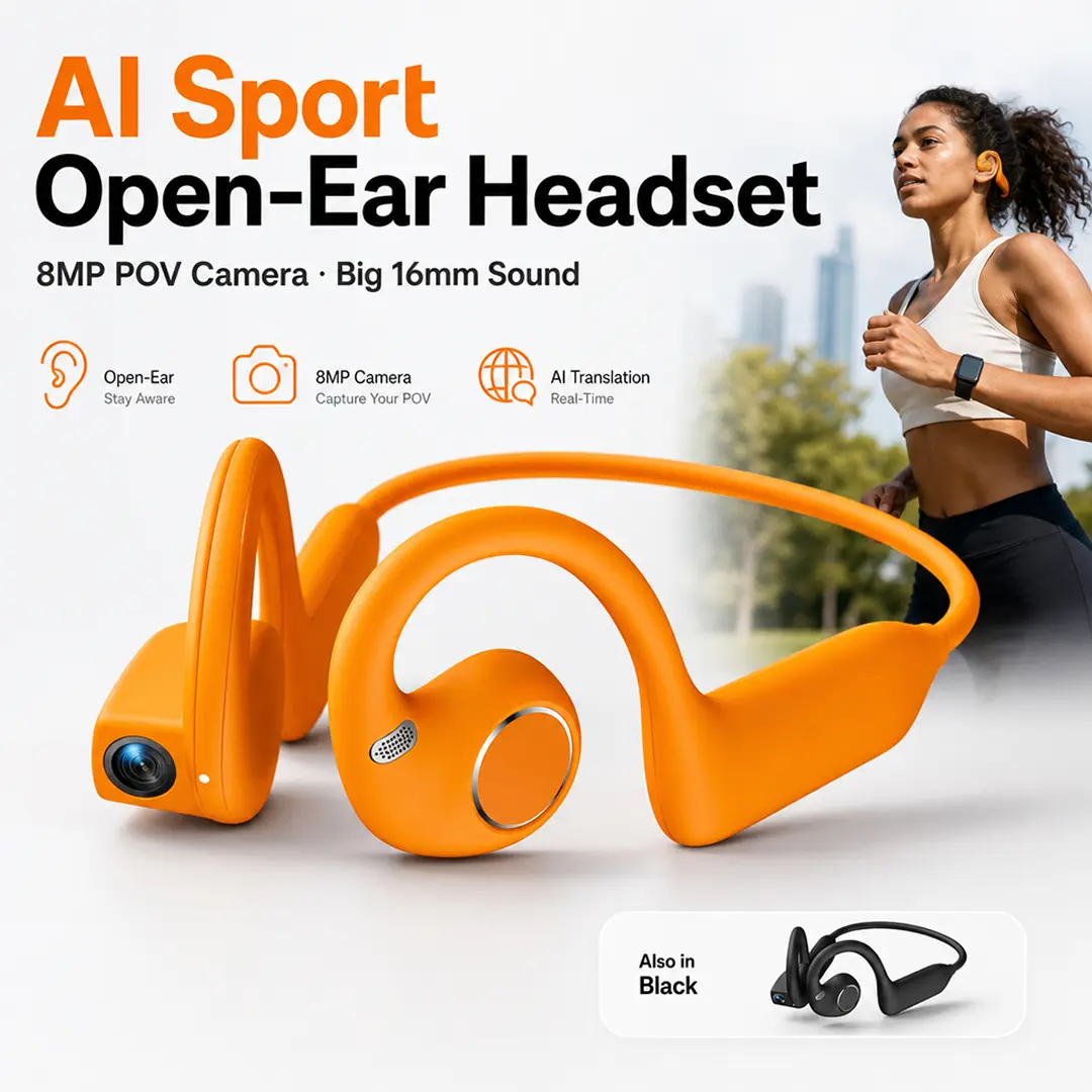AI Camera Earbuds - Bluetooth Connection Headphones, Open-Ear Air Conduction Audio, Hands-Free Photo Video Recording, 160+ Language Translator, Compatible with iOS & Android
