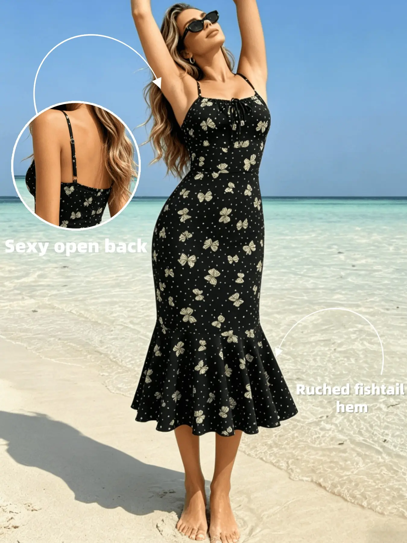 Butterfly Polka Dot Lightweight Midi Dress, Thin Adjustable Straps Chest Tie, Ruched Fish Tail Hem Backless, Elegant Summer Beach Vacation Casual Wear Women's Dress