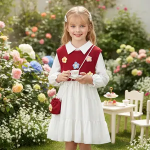 Viral Adorable Must-Have Charming Whimsical Tiered Floral Girls' Dress Set Preppy Knit Vest & White Long Sleeve Dress for Toddlers Perfect Spring Birthday Party & Tea Party Outfit Aesthetic Cozy Elegant Kids Holiday Fashion OOTD She'll Love
