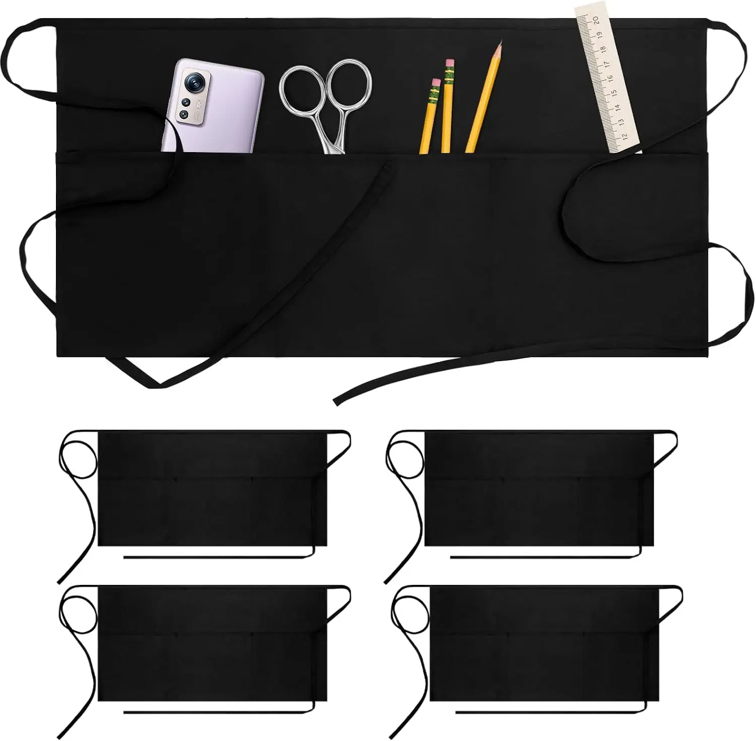 4 Pack Server Apron with 3 Pockets- Black Waitress Waist Short Apron