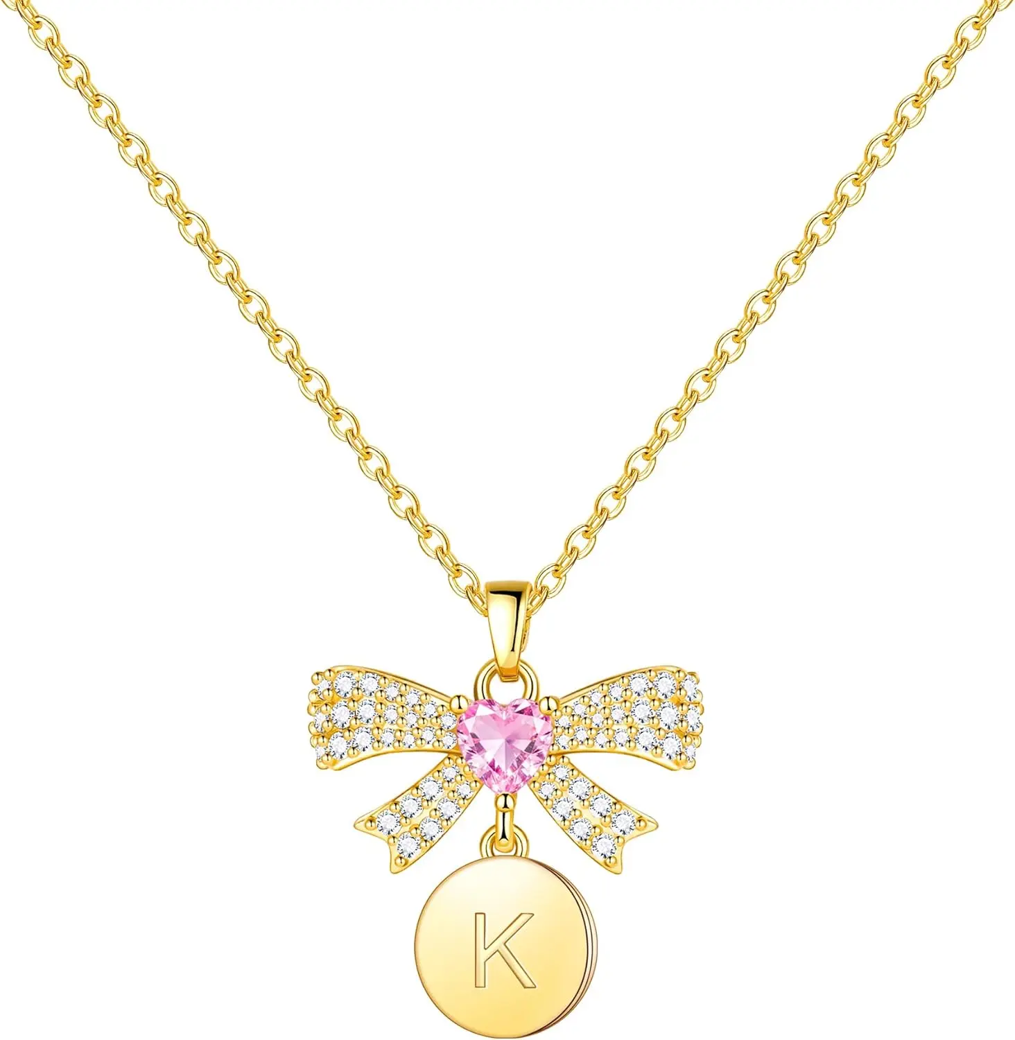 Bow Initial Necklaces for Women Girls - Real Gold Plated Pink CZ Heart Bow Necklace with Disc Letter Pendant Dainty Gold Initial Necklaces for Women Teen Girls Birthday Gifts