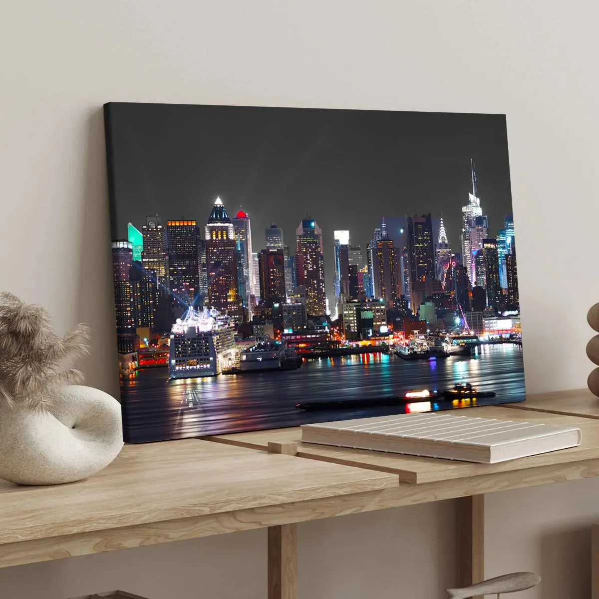 New York City Night View Canvas Print with Frame, Modern Art Decoration, Living Room Bedroom Decoration, Hallway Office Mural, Ideal Gift, Poster, Wall Art Painting, Cityscape Print, Decorative Artwork, Modern Art Design
