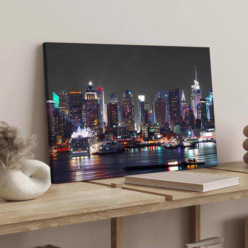 New York City Night View Canvas Print with Frame, Modern Art Decoration, Living Room Bedroom Decoration, Hallway Office Mural, Ideal Gift, Poster, Wall Art Painting