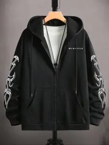 Men's Letter Graphic Zip Up Gothic Rock Hoodie, Gothic Printed Hoodie, Casual Fashion Sweatshirt, Regular Fit Trendy Style Longsleeves Drawstring Pocket Hooded Jacket for Fall & Winter, Men's Clothes for Daily Wear