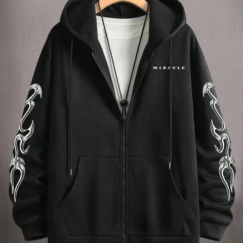 Men's Letter Graphic Zip Up Gothic Rock Hoodie, Gothic Printed Hoodie, Gothic Hoodies, Casual Fashion Sweatshirt, Regular Fit Trendy Style Longsleeves Drawstring Pocket Hooded Jacket for Fall & Winter, Men's Clothes for Daily Wear