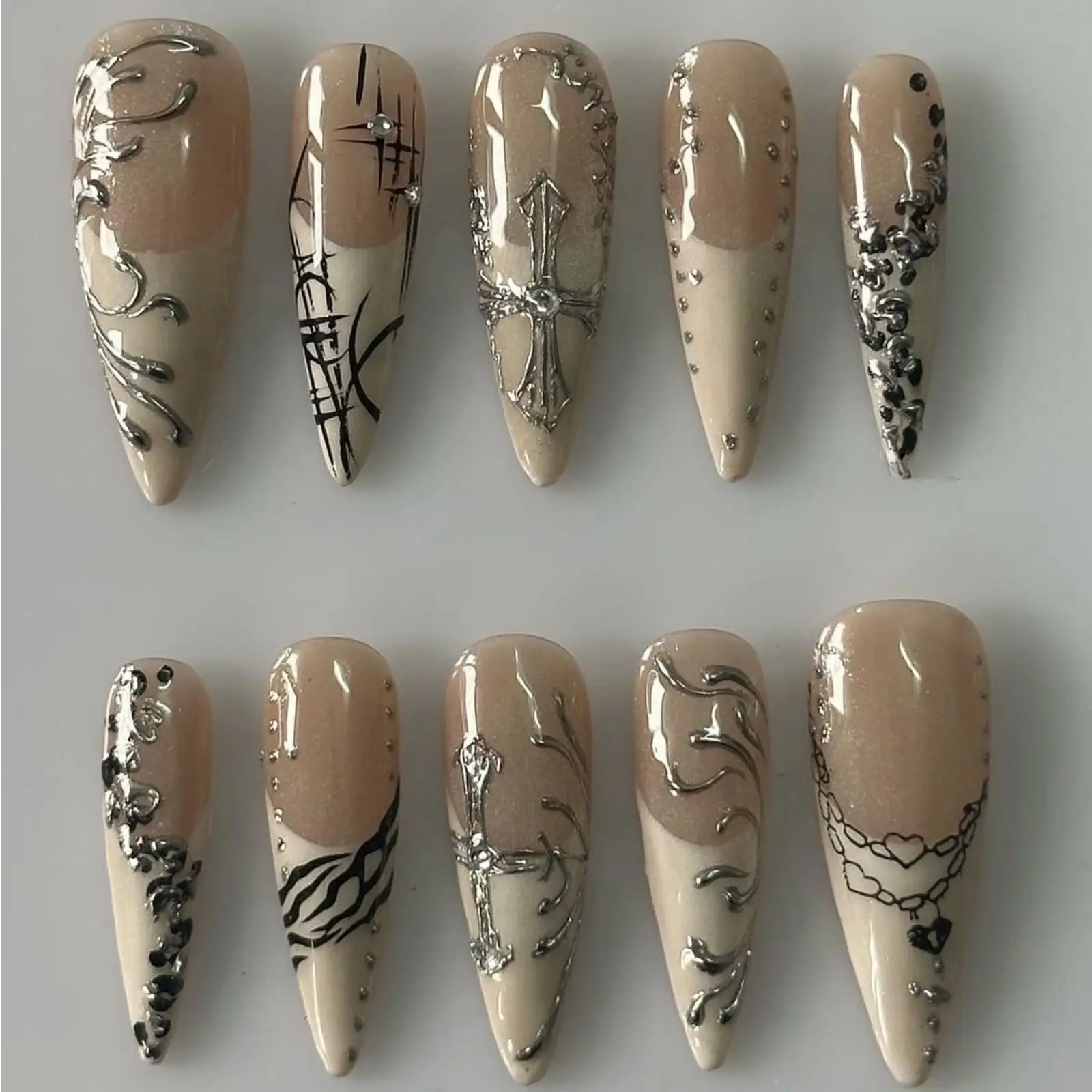 Nude Gothic Cross Press On Nails | Y2K Chrome Silver Nail Art | Luxury Almond Handmade Fake Nails | Y2K Reusable Set