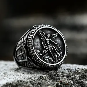 GTHIC Archangel Saint Michael Stainless Steel Men’s Ring Handcrafted For Men Birthday Gift