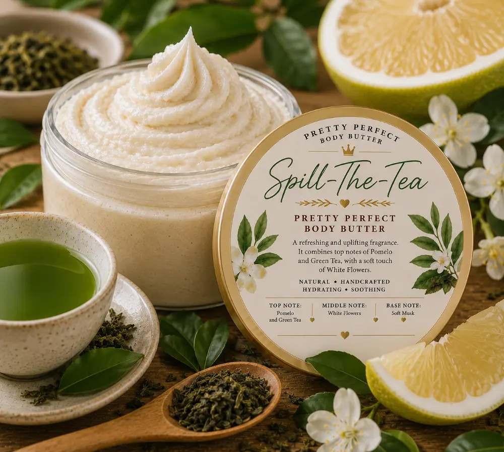 Spill The Tea Body Butter - Green Tea Blend Calming Body Care, Soothing Dry Skin Hydrating Daily Moisturizer with Long-Lasting All-Day Scent Homemade Ultra, Fragrance aloe vera