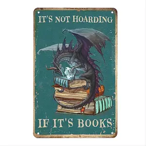Retro Metal Tin Sign, Dragon & Books Wall Decor Sign Home Decor Products, Funny Art Plaque | Perfect for Book Lovers, Libraries & Fantasy Fans, Fantasy Bedroom Ornament