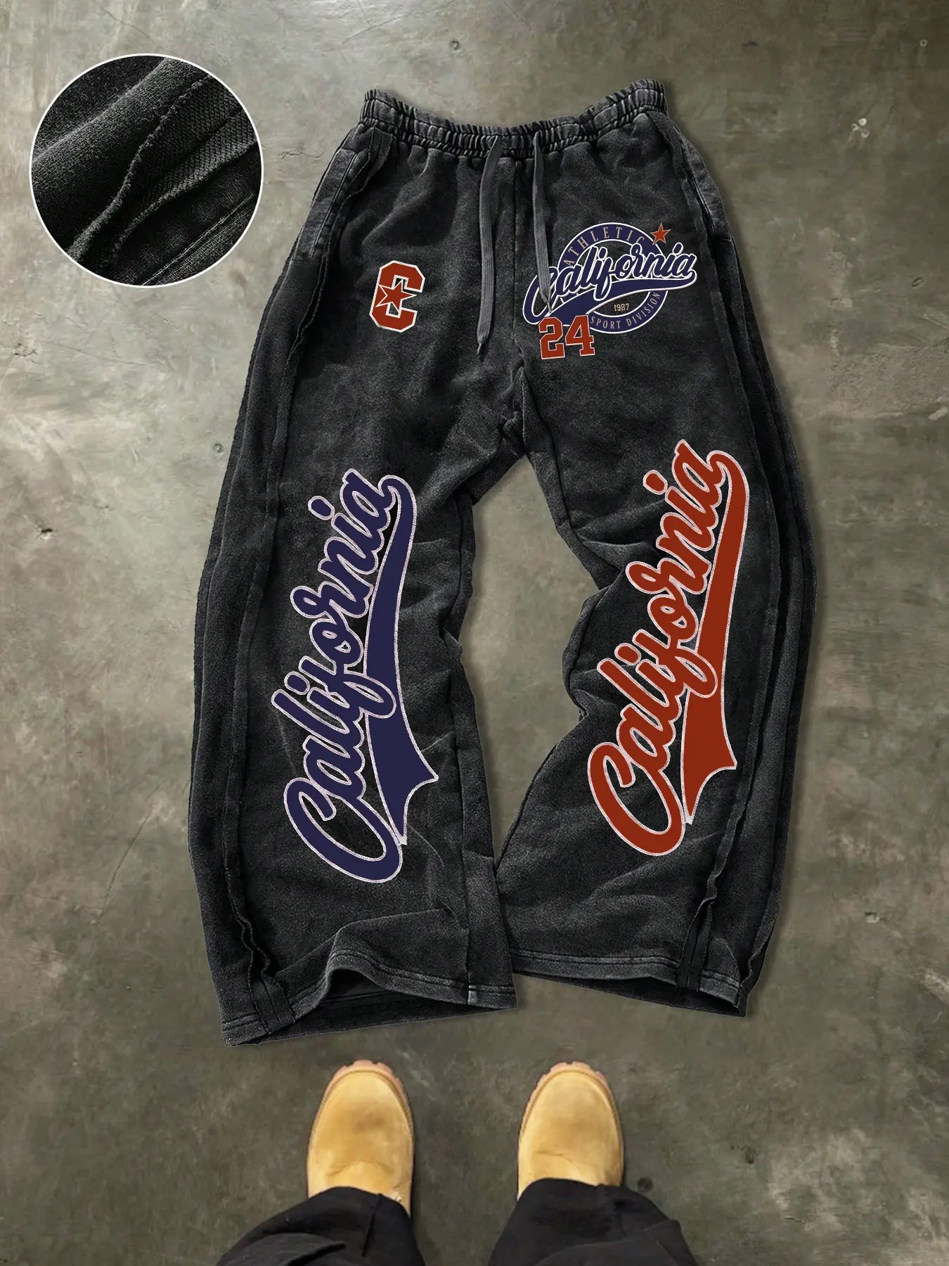 Men's Casual Loose Cotton Sports Pants, California Letter Print, Street Style, Drawstring Waist, Long Pants, All Seasons, Athleisure Style, Knit Athletic Pants