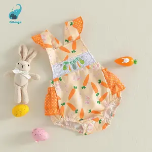 Baby Girl Easter Romper Overalls Embroidery Carrot Dot Print Fly Sleeves Jumpsuit for Newborn Toddler Cute Clothes