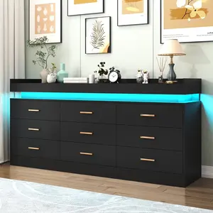 9 Drawer Dresser with LED Light and Charging Station, 63" Modern Chest of Drawers for Closet, Wide Drawer Organizer Cabinet for Bedroom, Living Room, Entryway, Hallway, Black/White