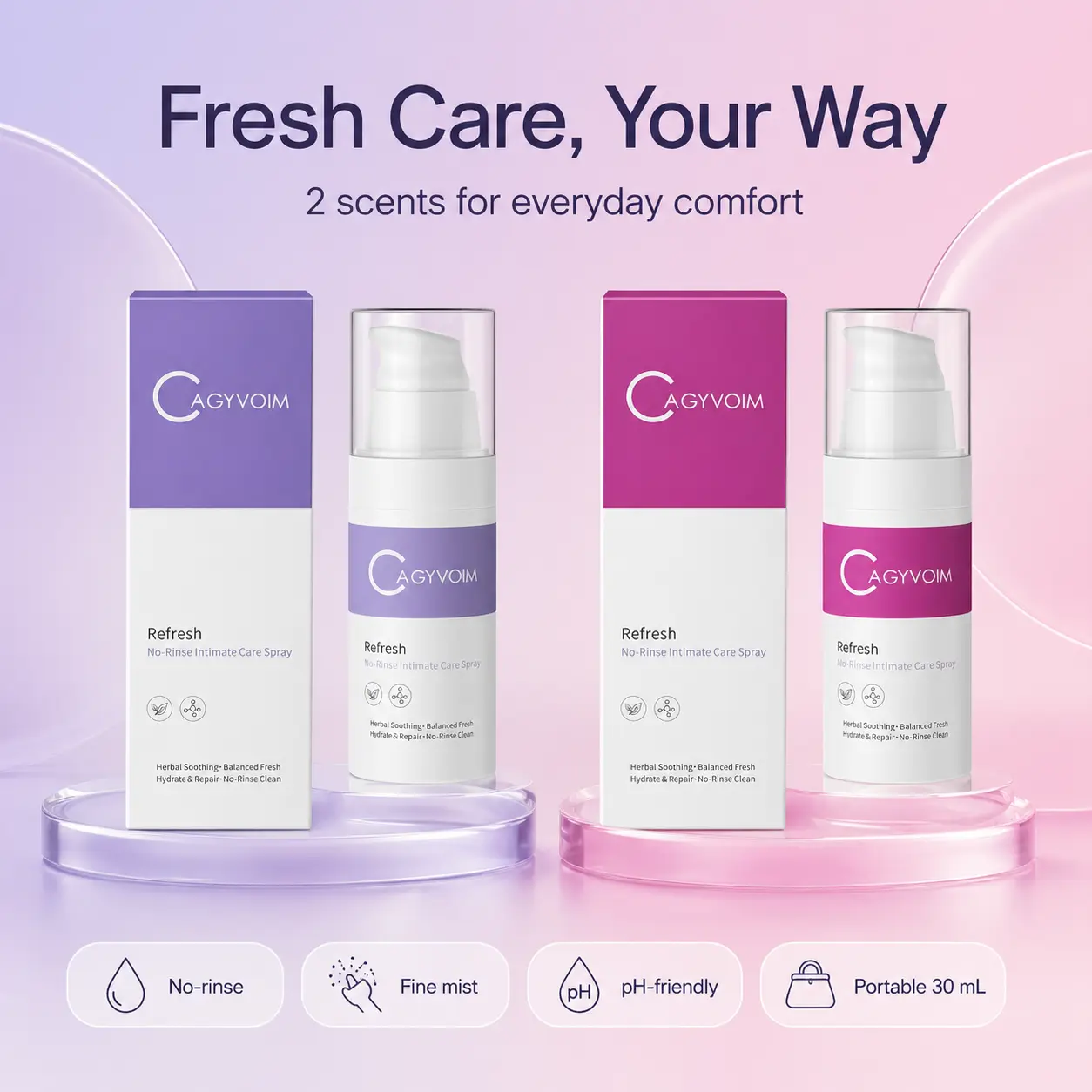 【CAGYVOIM 】Gentle Cleansing Intimate Spray Cleanser, No-Rinse pH-Balanced Formula, Odor Protection, Daily Feminine & Perineal Care Mist, Sensitive