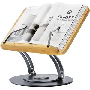 Bamboo 360 Rotating Book Stand for Reading, Adjustable Hands-Free Textbook Holder, Foldable Desktop Cookbook Stand with Protective Page Clips, Fits All Books - Gray