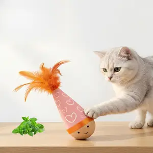 Wooden Interactive Cat Toy with Catnip & Feather – Self-Righting Wobble Chaser for Indoor Cats, Stimulating Kitty Enrichment Toy