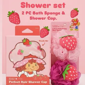 Strawberry Shower Set Cute Soft Bath Duo 2 PC Bath Sponge & Shower Cap Perfect for Self Care Routine