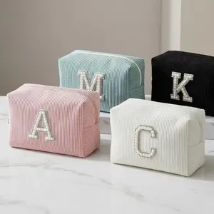 Personalized Pearl Corduroy Makeup Bag Custom Name Cosmetic Bag Bridesmaid Gift Travel Toiletry Bag Vinyl Monogram Wedding Gift Birthday