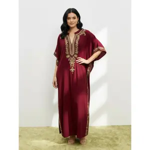 Women's Ethnic Pattern Embroidery Notched Neck Split Hem Kaftan Dress, Casual Batwing Sleeve Long Dress for Daily Wear, Ladies Clothes for All Seasons