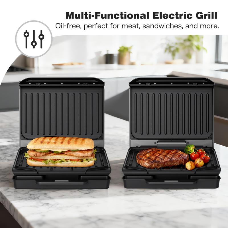 KEINVE 4-Serving Electric Grill and Panini Press, Tough Non-Stick Coating, Drip Tray Catches Grease, Black