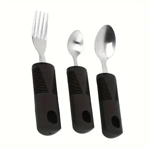 3pcs Stainless Steel Adaptive Tableware Set with Rubber Grip Handles - Anti-Shake, Rehabilitation Food Aid Fork & Spoon for Disabled Cutlery