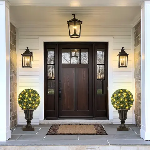 16inch Pre-Lit Faux Boxwood Balls with Sturdy Pot Base,Artificial Topiary Trees 2 Pack for Outdoor,UV Resistant & Waterproof Fake Greenery Plants Ball Tree for Front Porch Garden Home Decor