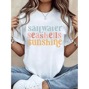 Women's Pastel Pink & Ora Coastal T-Shirt - 100% Casual Round Neck Short Sleeve Top with Seashell & Beach Lettering Print, Breathable Summer Beachwear Suitable for Everyday Outfits, Machine Washable Coastal Graphic Tee