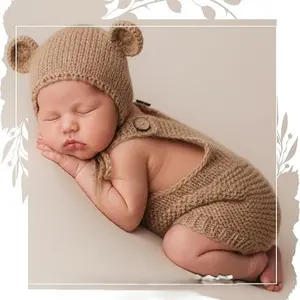 Newborn Photography Props Outfit Knitted Bear Hat and Romper Set - Baby Photo Shoot Costume for Infant Boys Girls