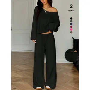 Women’s 2-Piece Matching Loungewear Set, Off-Shoulder Long-Sleeve Top, Drawstring Wide-Leg Pants, Casual Sweatsuit for All Seasons