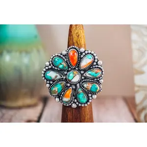 Handmade Sterling Silver Ring with Spiny Oyster & Turquoise | Western Statement Cluster Ring | Size Adjustable