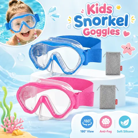 Aegend Children's Diving Masks Snorkeling Gear - Panoramic Tempered Glass Anti-Fog Lens, Scratch-Resist Film, Soft High-Elasticity Silicone Seal, Adjustable Tangle-Free Strap, Water Sports Swim Goggles