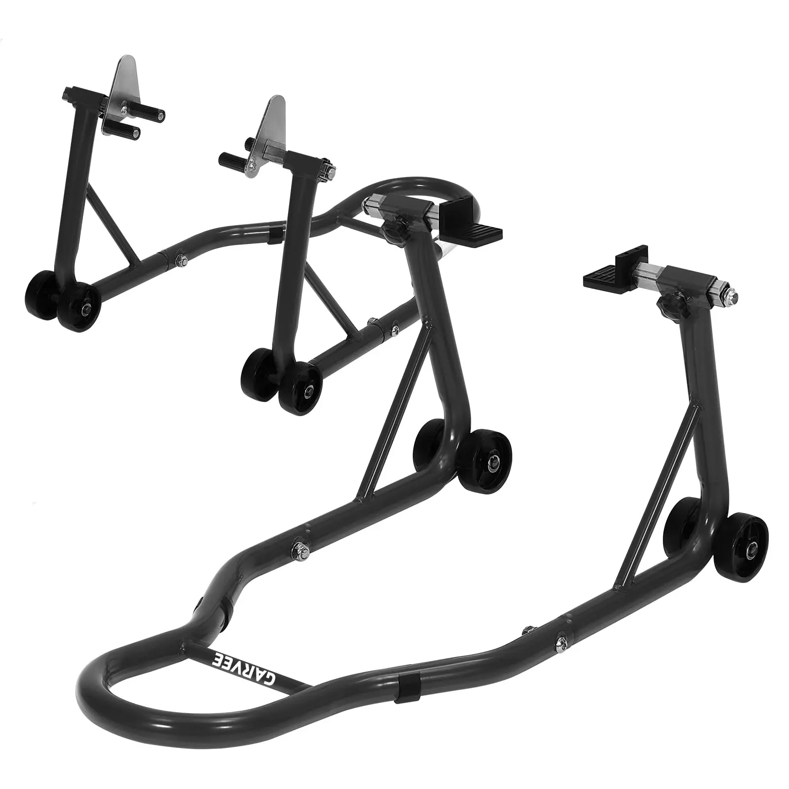 900 LB Heavy Duty Black Motorcycle Paddock Stands Combo - Front & Rear Wheel Lift, Prong Adapters, 7.6"-11" Adjustable Swingarm Spool, Manual Long Handles, Universal for Most Bikes & Workshops