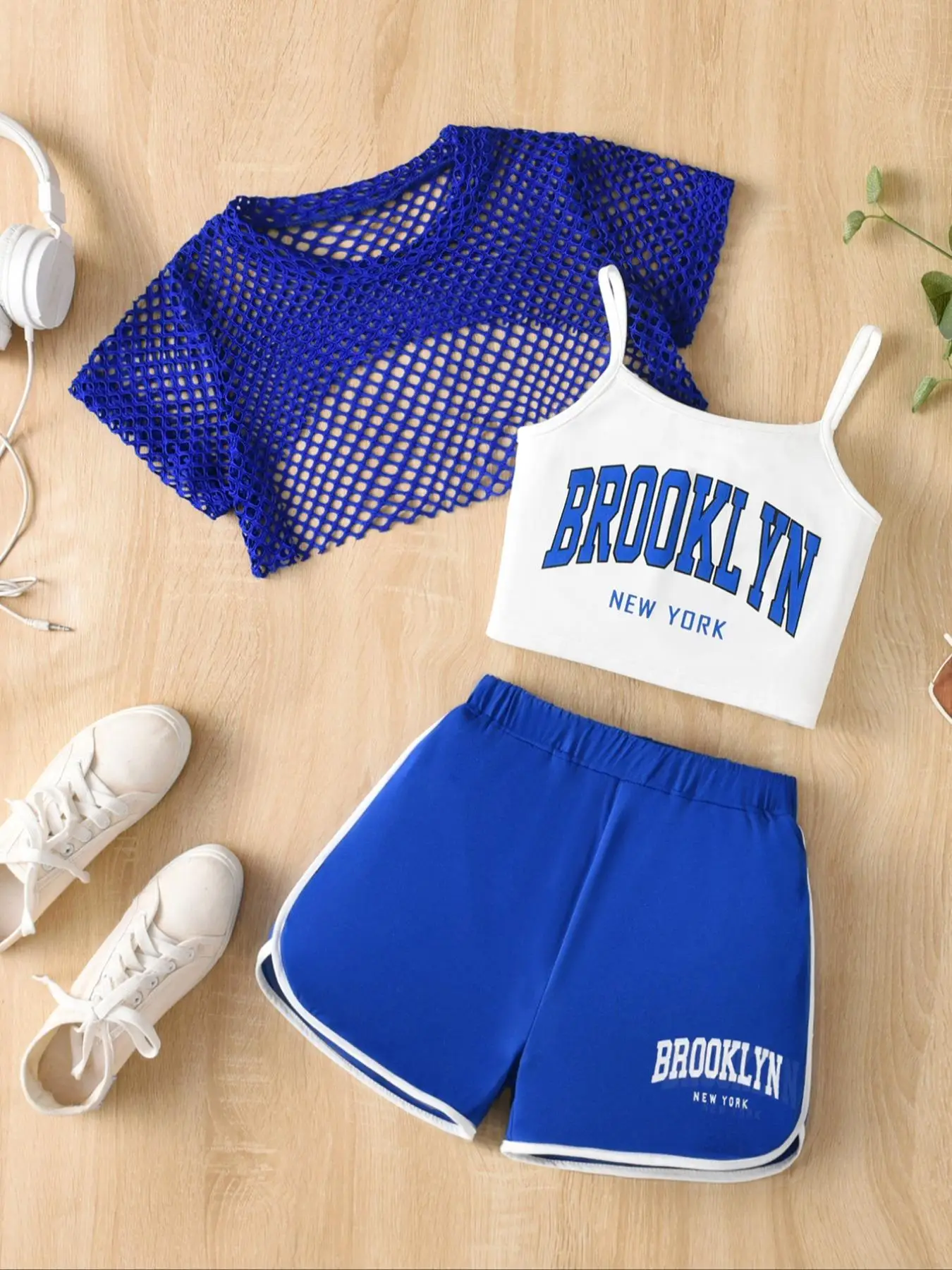 Three-piece Set Girl's Colorblock Letter Print Crop Tank Top & Mesh Crop Top & Shorts Set, Casual Sleeveless Round Neck Top & Shorts for Daily Wear, K