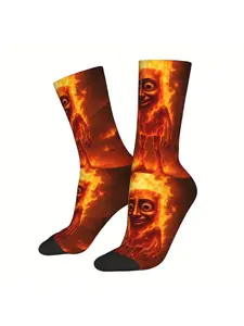 1pc Men'S Novelty Socks - Tung Tung Sahur Italian Brainrot Design, Polyester & Elastane Blend, Knit Fabric, All-Over Print, Hand Wash or Dry Clean, Casual Crew Socks with Unique Artistic Face & Flame Patterns, Cute Socks