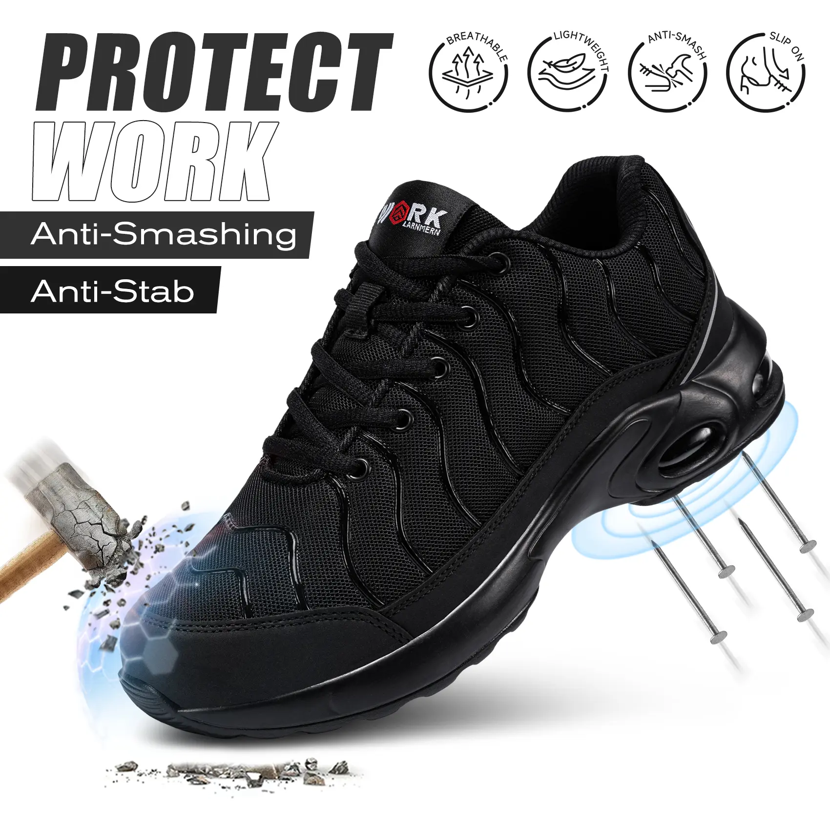 【BackToSchool】Men's Steel Toe Safety Athletic Shoes - Lightweight, Puncture-Resistant, Slip-Proof Black Shoes with Elastic Breathable Mesh Upper, Cushioned Ankle Collar, Round Toe, Laces for Construction, Carpentry Work#TikTokShopBackToSchool