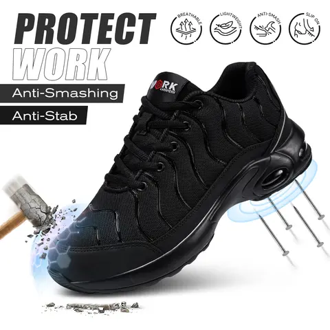 【BackToSchool】Men's Steel Toe Safety Athletic Shoes - Lightweight, Puncture-Resistant, Slip-Proof Black Shoes with Elastic Breathable Mesh Upper, Cushioned Ankle Collar, Round Toe, Laces for Construction, Carpentry Work#TikTokShopBackToSchool