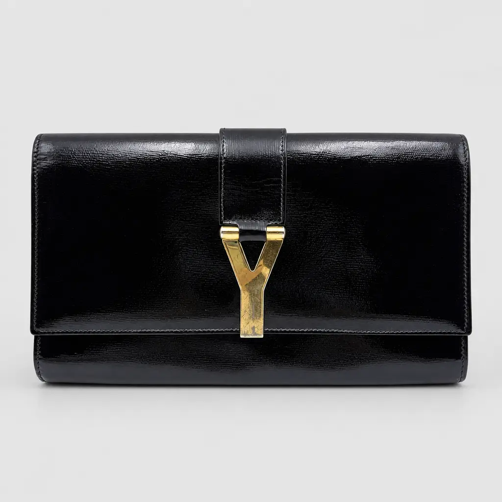 Pre-owned Yves Saint Laurent H5 Top Handle Bag Black Patent Leather, Y Shaped Metal Clasp, Style H22106