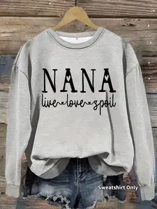 Women's Casual Graphic Nana Pattern Pullover Sweatshirt, Soft Long Sleeve Round Neck, Fitted, All-Season Comfort, Durable Fabric