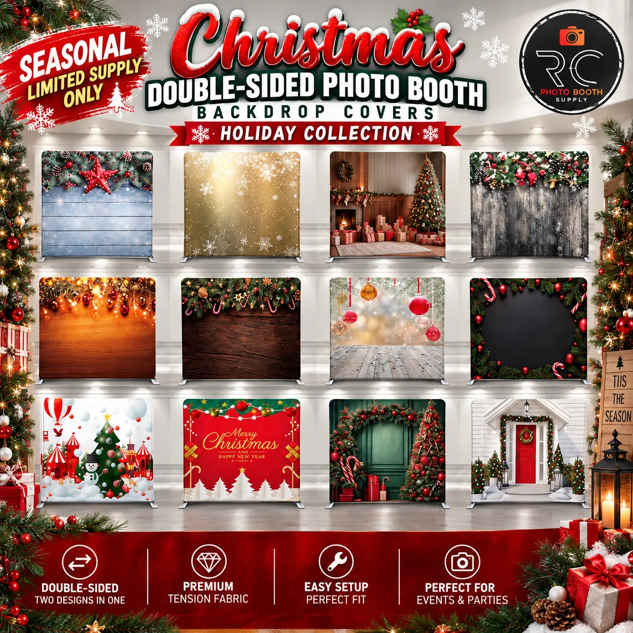 Christmas Double-Sided Photo Booth Backdrop Covers – Holiday Collection