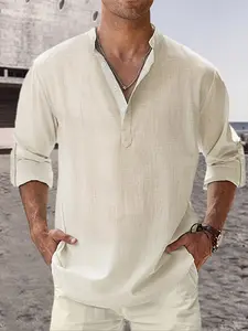 Men's Beige Linen-Feel 2-Piece Homewear Loungewear Set - Henley Band Collar 3/4 Sleeve Shirt & Drawstring Pants, Breathable Fabric, Relaxed Fit, Loose for At-Home Lounging, Yoga & Casual Outings