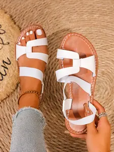 Women's Fashionable Design Plain Color Braided Band Flat Sandals, Casual Comfortable Slingback Sandals for Summer, Lightweight Breathable Shoes for Daily Wear, Girl, Footwear Strap Slides, Fashionable Comfy Sandals