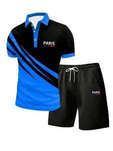 Men's Paris Print Polo Tracksuit 2-Piece - Black & Blue Short Sleeve Polo Shirt & Shorts Set, Summer Casual Streetwear tiktokshopspringglowup