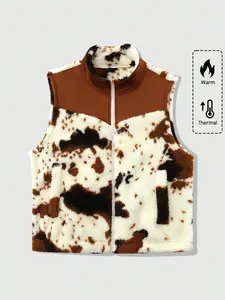Unisex Cow Patchwork Vest with Zipper Pockets, Polar Neckline, Fall Winter Streetwear, Daily Warmth, Casual Fashion