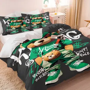 2/3Pcs Cool Streetwear Teddy Bear Duvet Cover Set, No Filler Comforter Cover, Hip Hop Graffiti Bear Bedding Set with Pillowcases, Stylish Bedding for Boys Teens Bedroom, Urban Street Style Bedding