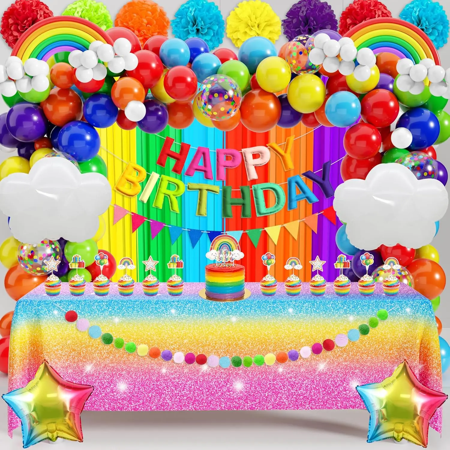 Rainbow Birthday Party Decorations- 172 count Colorful Birthday Decorations with  Felt Banner, Rainbow Balloon Arch Kit, Backdrop, Tablecloth and Cake Topper for Boys Girls Party Decor