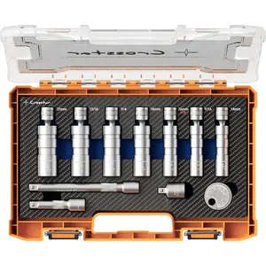11PCS 3/8" Drive Swivel Plug Set, CR-V with 18mm/13/16"/14mm, 3" & 6" Extensions, Gripper & Foam Case - Pro Auto