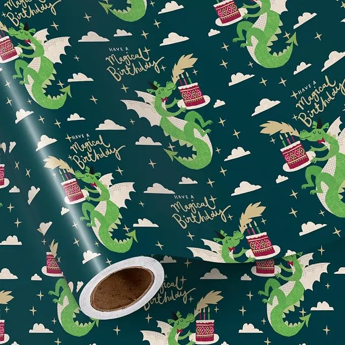 RUSPEPA Magical Birthday Wrapping Paper Roll for Kids, Dragon & Cake Design Gift Wrap with “Have a Magical Birthday” Text, Fantasy Paper for Boys & Girls Party Gifts, 17in x 16.4ft