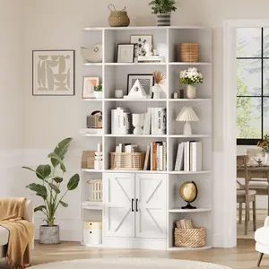 Garvee 75in Tall White Bookcase, 6 Tier Wooden Book Shelf 47" Wide Farmhouse Display Bookshelf Storage Cabinet with Doors and Open Shelves for Bedroom Living Room Office
