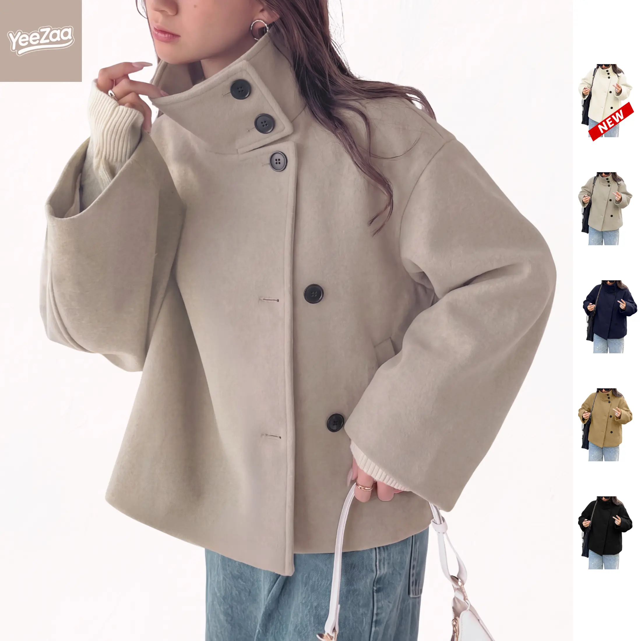 YeeZaa Crop Pea Coat for Women Versatile Stand Lapel Collar Cozy Wool Blend Fabric Elegant Short Trench Coat Premium Fall Winter Outerwear Casual Loose Fit Design Classic Solid Color Jackets Loose Casual Short Jacket Outwear