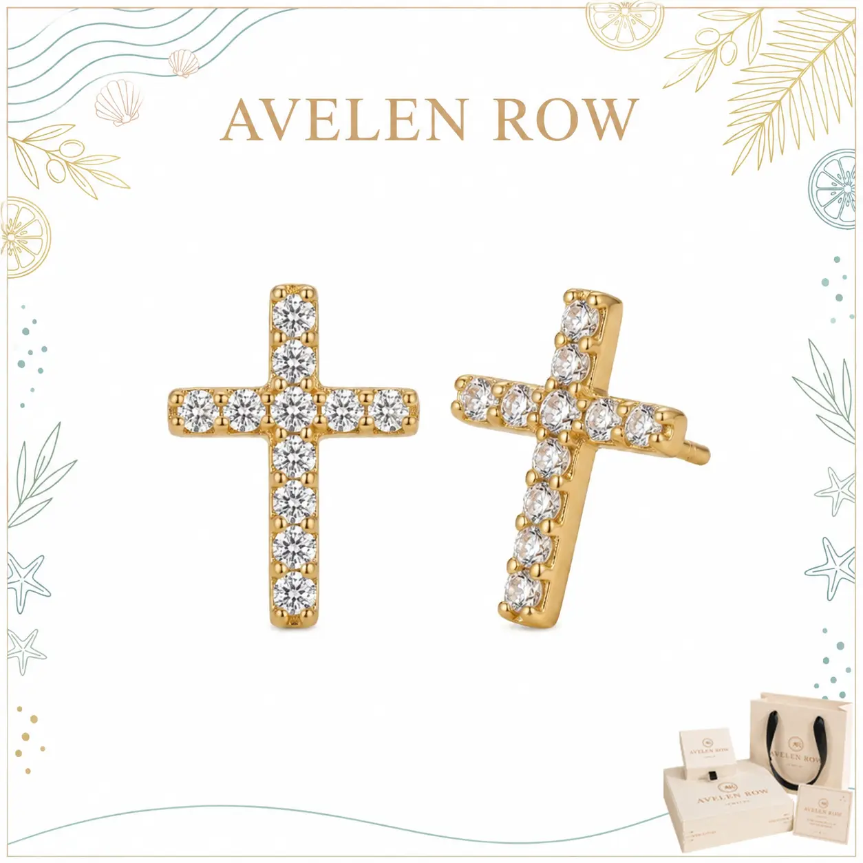 14K Gold Plated Small Cross Silver Stud Earrings, Hypoallergenic Pave CZ Tiny Cross Stud Earrings for women
